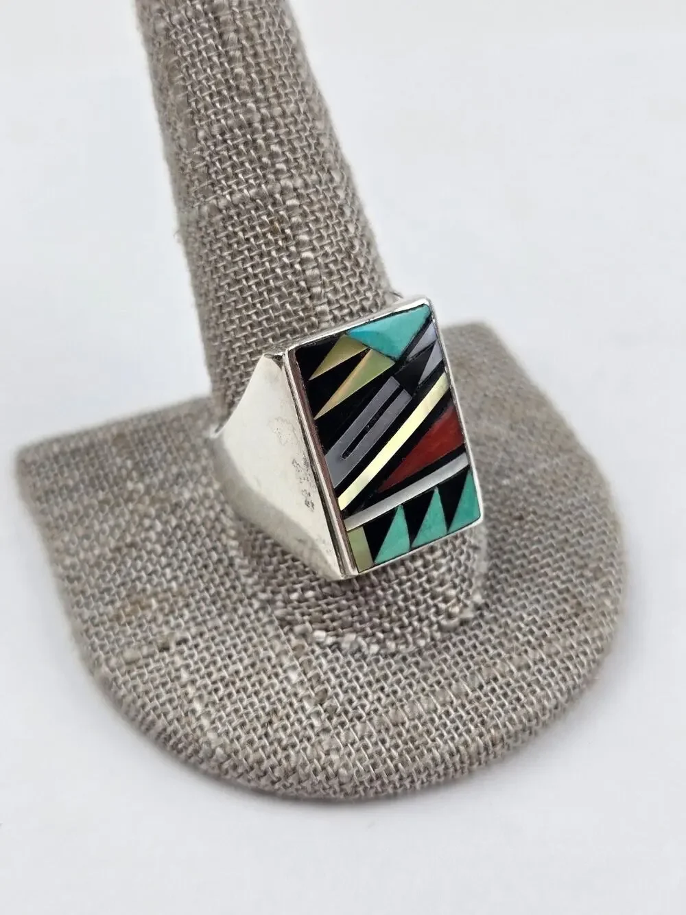 Zuni Bowannie Men's Sterling Inlay Signet Ring size 11 Turquoise Coral Shell